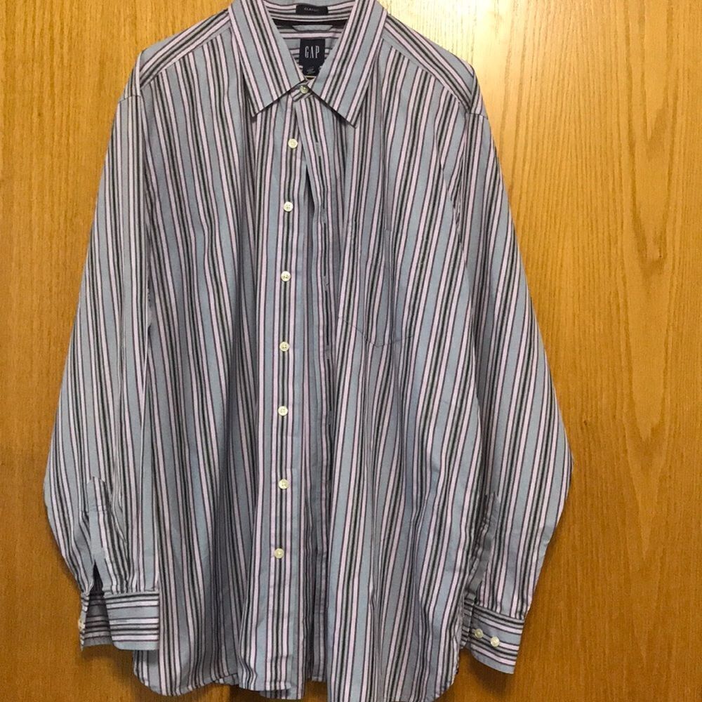 Gap gray/plum/pink stripe shirt, XL 17-17 1/2